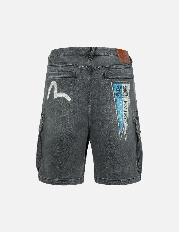 Seafull and Logo Flag Print Fashion Fit Denim Cargo Shorts