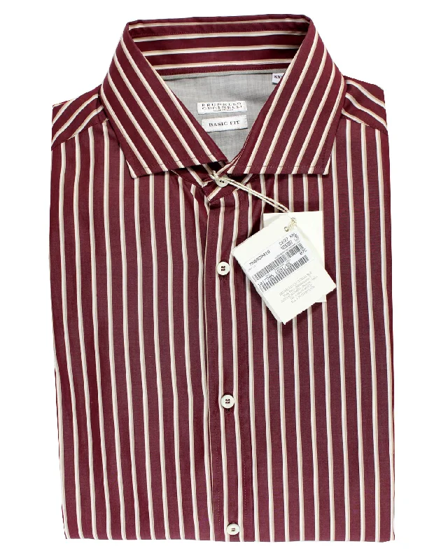 Brunello Cucinelli Shirt Maroon Stripes XXL Spread Collar