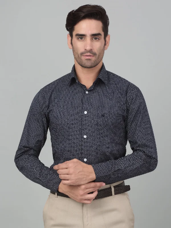 Men's Navy Blue Formal Geometric Print Full Sleeve Shirt