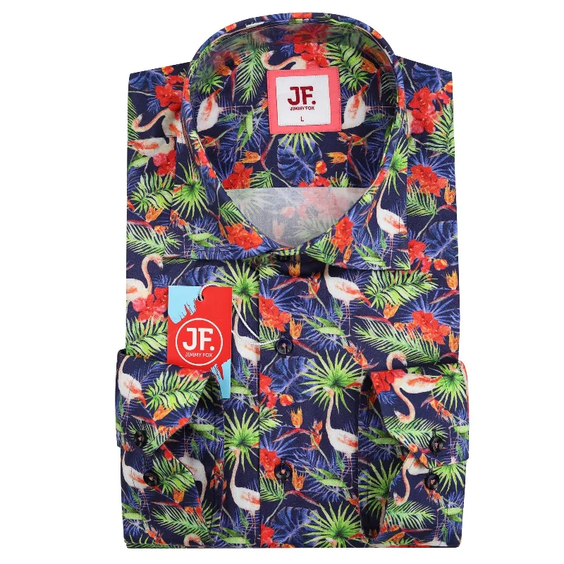 JF856 JIMMY FOX Tropical Flamingo Print Slim Fit L/S Shirt