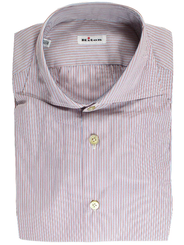 Kiton Dress Shirt White Maroon Royal Blue Stripes Spread Collar 40 - 15 3/4 SALE