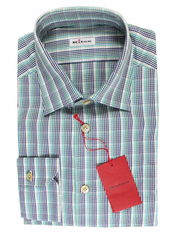 Kiton Shirt White Turquoise Navy Check Long Sleeve 39 - 15 1/2 BLACK FRIDAY SALE