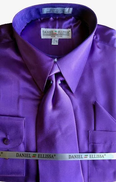 Purple Satin Dress Shirt Set with Matching Tie & Pocket Square