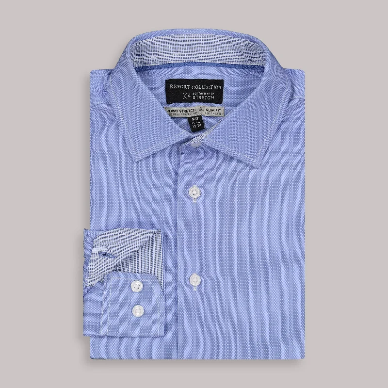 Long Sleeve 4-Way Dress Shirt with Square Print in Blue