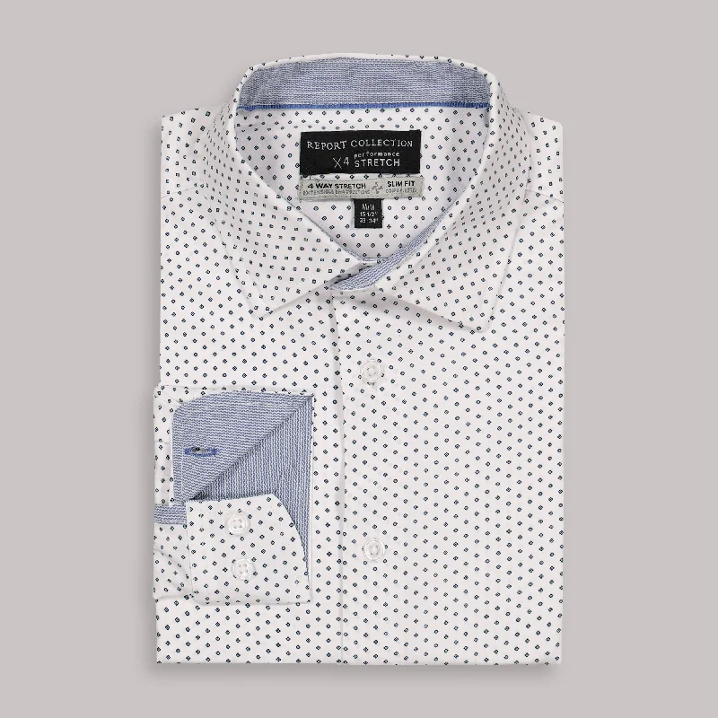 Long Sleeve 4-Way Dress Shirt with Diamond Print in White