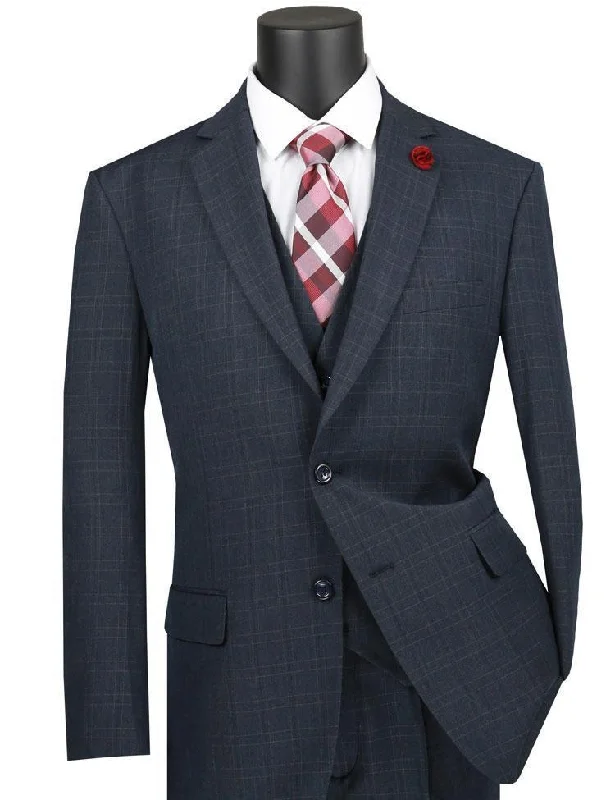 Vinca Collection- Navy Glen Plaid Three Piece Suit Regular Fit