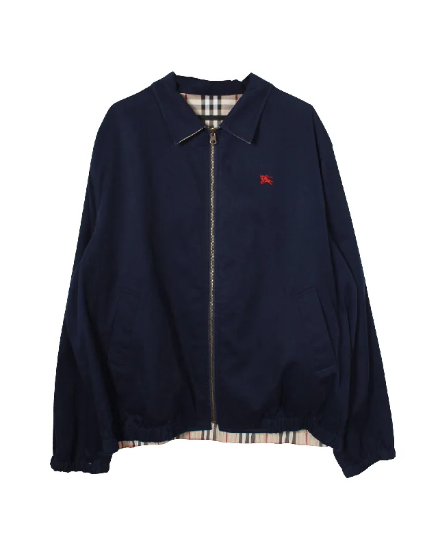 Burberry Embroidered Emblem Front Zip Reversible Jacket in Navy Blue Polyester Cotton