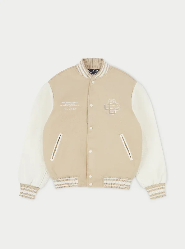 EMBLEM SCRIPT VARSITY JACKET - BEIGE