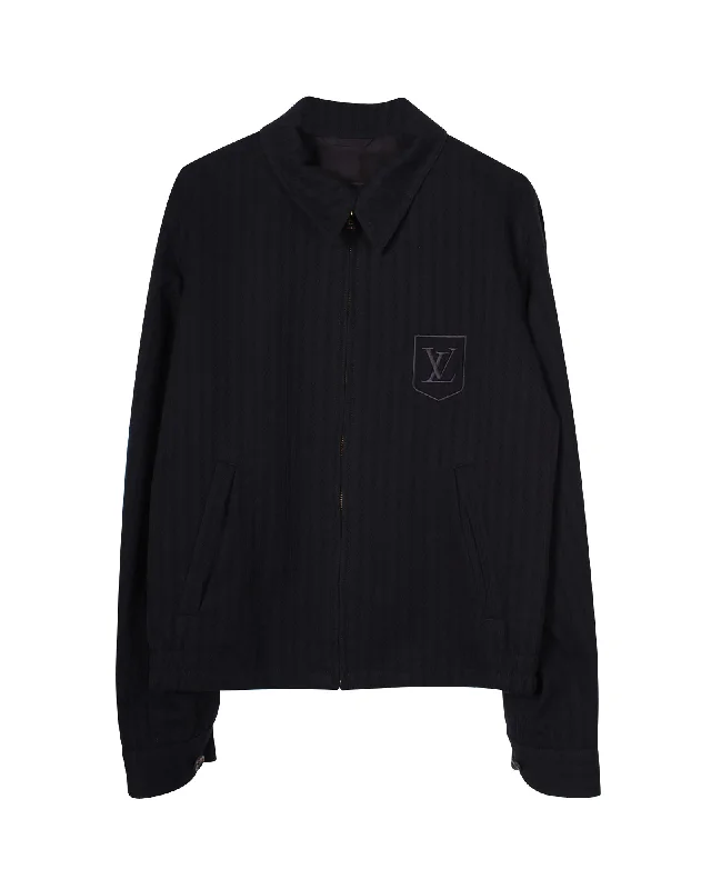 Louis Vuitton Logo Embroidered Front Zip Striped Jacket in Navy Blue Cotton