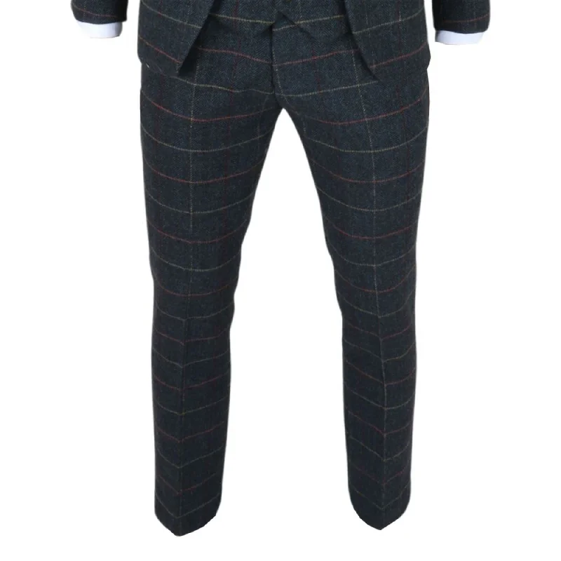 Men's Trousers Navy Blue Checked Herringbone Tweed Casual Formal Pants