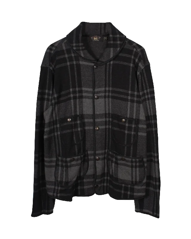 RRL Plaid Knit Jacquard Jacket in Grey Cotton