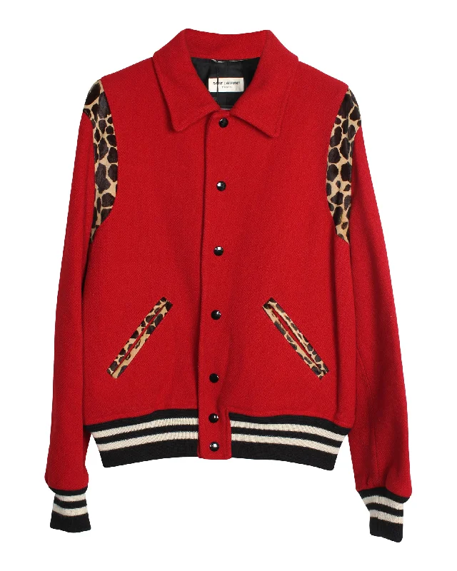 Saint Laurent Leopard-Trimmed Teddy Bomber Jacket in Red Lana Vergine