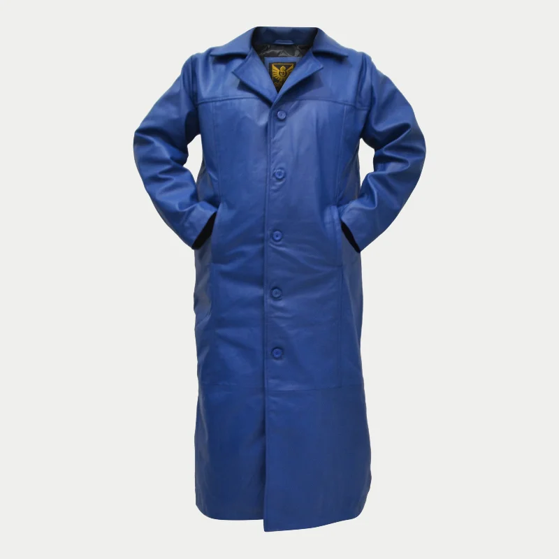 Men's Blue Long Genuine Leather Buttoned Casual Trench Coat