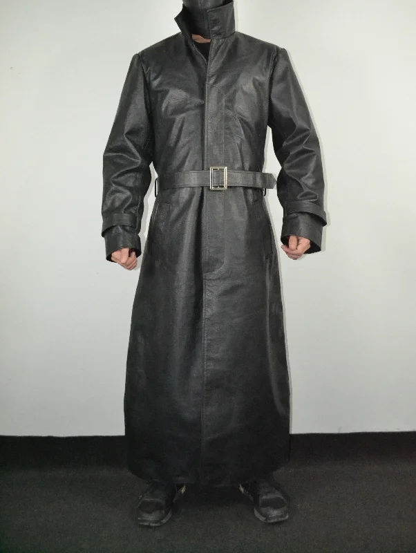 Men's Crocodile Embossed Black Genuine Leather Belted Coat