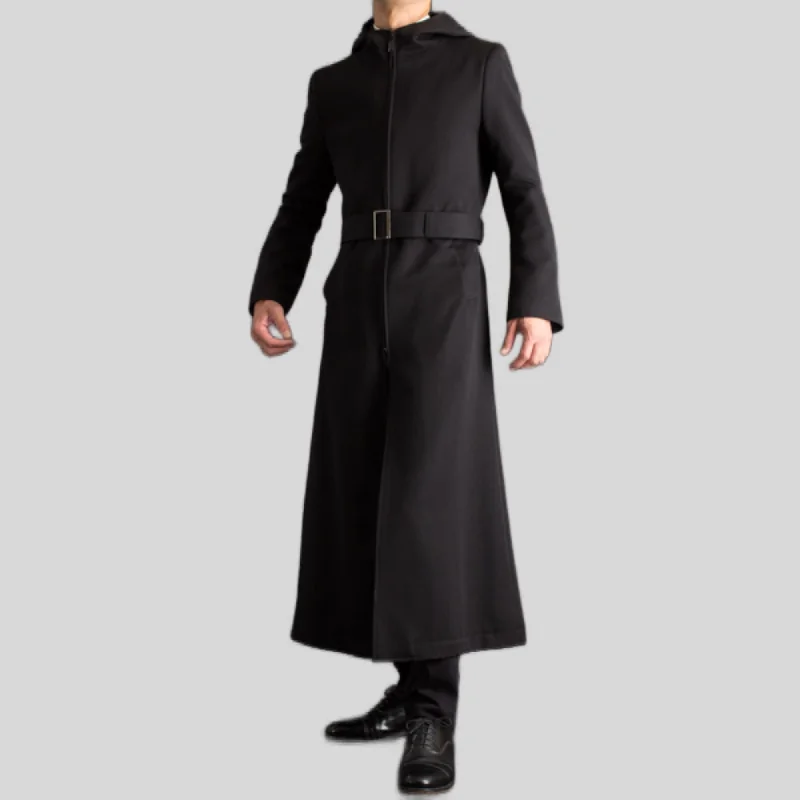 Mens Fashion Casual Zip Up Hooded Style Long Wool Coat