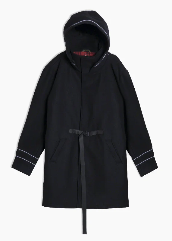 Men's Wool Blend Hooded Coat with Reflective Piping In Black