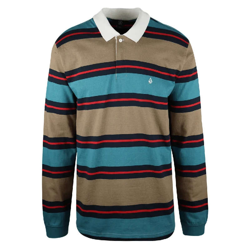 Volcom Men's Teal, Navy & Brown Striped L/S Polo T-Shirt (S04)