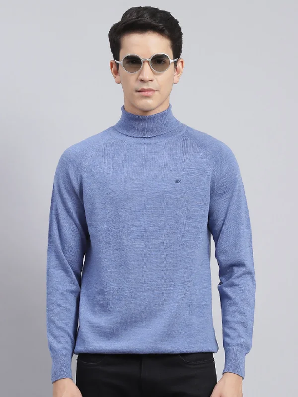 Men Blue Solid Pure Wool Pullover