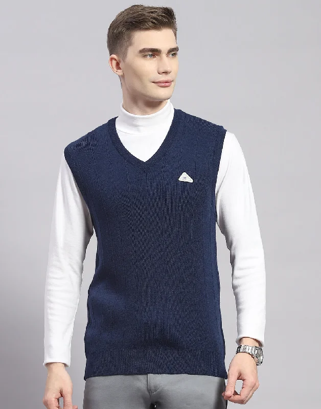 Men Blue Solid V Neck Sleeveless Sweater